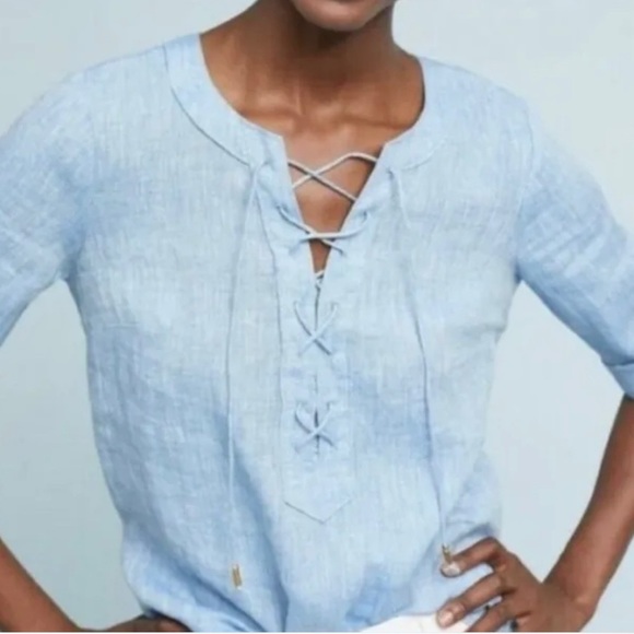 Anthropologie Tops - Anthropologie Womens Maeve 100% Linen Lace Up Blouse Peasant Style Size 12 Pet
